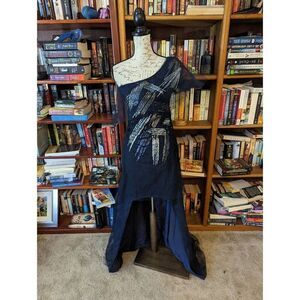 BCBGMAXAZRIA one shoulder blue high-low silk mesh metallic paint dress sz 8 euc